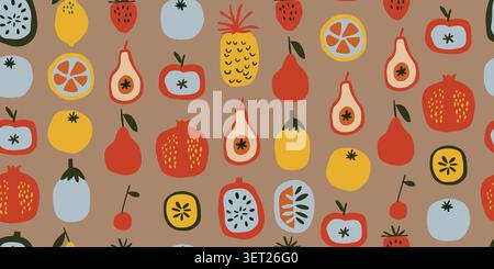 Seamless tropical fruit pattern with citrus fruits, apples, pomegranates, cherries, kiwi, pears, and strawberries on a warm earthy brown background, colorful Scandinavian inspired hand drawn cutout repeat design for kitchen textiles, wallpaper, wrapping paper, scrapbook paper, and modern summer decor. Vector illustration Stock Vector