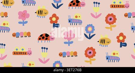 Seamless insect and floral pattern with bees, grasshoppers, caterpillars, ladybugs, and colorful Scandinavian cutout flowers on a pink background, playful unisex spring and summer repeat design for kids fabric, nursery wallpaper, baby textiles, wrapping paper, scrapbook paper, and cheerful children decor. Vector illustration Stock Vector