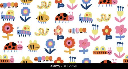 Seamless insect and floral pattern with bees, grasshoppers, ladybugs, caterpillars, and Scandinavian cutout flowers on a white background, playful spring and summer repeat design for kids fabric, nursery wallpaper, baby textiles, wrapping paper, scrapbook paper, and cheerful children decor. Vector illustration Stock Vector