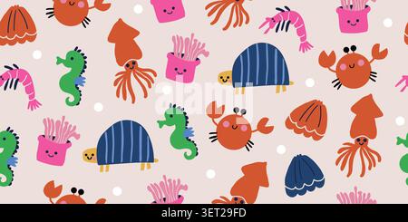 Seamless underwater sea life pattern with seashells, crab, seahorse, squid, turtle, shrimp, and seaweed on a soft beige background, cute coastal repeat design for kids fabric, nursery wallpaper, baby textiles, wrapping paper, scrapbook paper, and playful ocean decor. Vector illustration Stock Vector