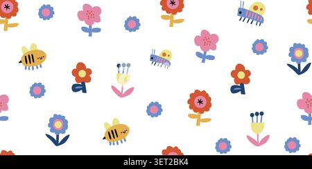 Seamless bee, grasshopper, and floral pattern with Scandinavian cutout flowers on a white background, airy playful spring and summer repeat design for kids fabric, nursery wallpaper, baby textiles, wrapping paper, scrapbook paper, and cheerful children decor. Vector illustration Stock Vector
