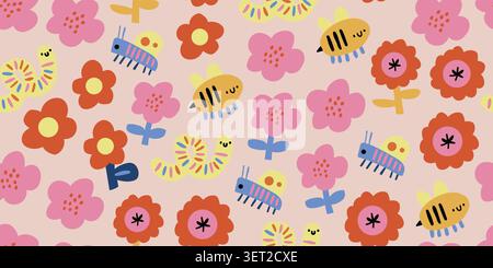 Seamless insect and floral pattern with bees, ladybugs, grasshoppers, and red Scandinavian cutout flowers on a soft beige pink background, cute girly spring and summer repeat design for kids fabric, nursery wallpaper, baby textiles, wrapping paper, scrapbook paper, and playful children decor. Vector illustration Stock Vector