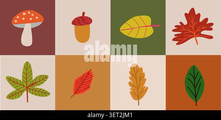 Seamless autumn patchwork pattern with fall leaves, acorns, and mushrooms arranged in repeating checkerboard squares on a warm neutral background, Scandinavian cutout style repeat design for kids fabric, nursery wallpaper, wrapping paper, scrapbook paper, seasonal decor, and cozy autumn textiles. Vector illustration Stock Vector