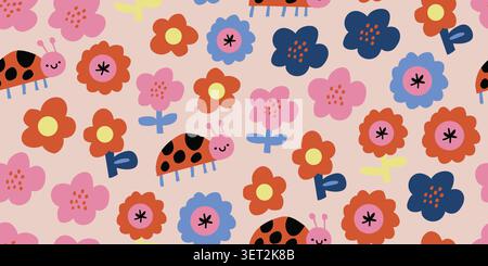 Seamless ladybug and floral pattern with Scandinavian cutout flowers on a soft beige pink background, cute spring and summer repeat design for kids fabric, nursery wallpaper, baby textiles, wrapping paper, scrapbook paper, and playful children decor. Vector illustration Stock Vector
