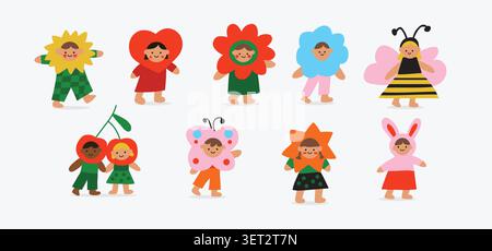 Cute kids carnival costume clipart set with children dressed as sunshine, flower, butterfly, bunny, cherry, heart, and star characters in bright playful colors, whimsical collection for nursery decor, birthday invitations, stickers, greeting cards, scrapbook projects, posters, and cheerful children design. Vector illustration Stock Vector