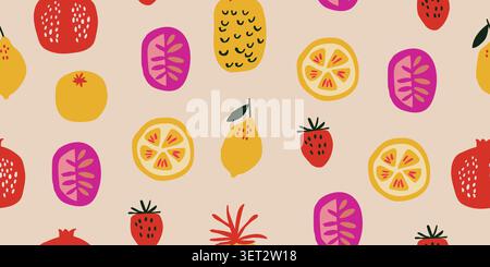 Seamless tropical fruit pattern with pineapple, lemon, strawberry, orange, pomegranate, and exotic berries on a warm beige background, colorful summer repeat design for kitchen textiles, kids fabric, wallpaper, wrapping paper, scrapbook paper, and cheerful seasonal decor. Vector illustration Stock Vector