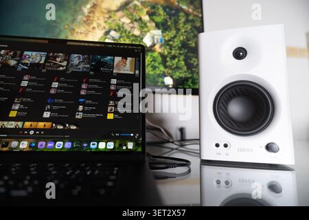 White ELEPHANT studio monitor speaker beside laptop on reflective desk, with nature-themed Stock Photo