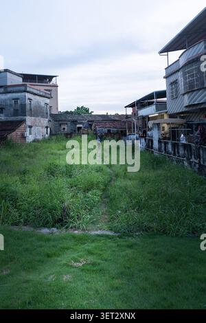 Overgrown alleyway in a residential neighborhood of Klang, Malaysia — weathered houses, wild grass, Stock Photo