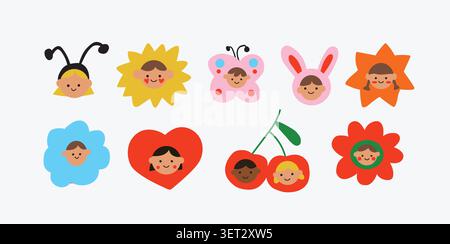 Cute Scandinavian face clipart set with playful animal and nature inspired characters including bee, butterfly, bunny flower, cherry, heart, and leopard faces on a white background, minimalist cutout collection for nursery decor, kids cards, stickers, scrapbook projects, baby products, and cheerful children design. Vector illustration Stock Vector