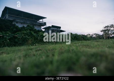 Modern hillside villa with green roof and lush vegetation in Singapore’s Bukit Timah area at dusk Stock Photo