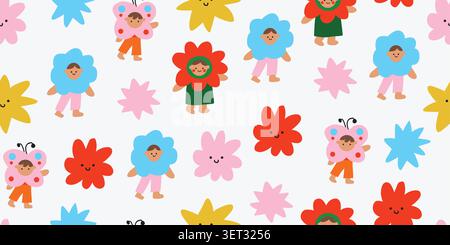 Seamless Scandinavian carnival kids pattern with children in flower and butterfly costumes mixed with cutout stars and flowers on a white background, dense pastel repeat design in pink and blue tones for kids fabric, nursery wallpaper, baby textiles, wrapping paper, scrapbook paper, and playful children decor. Vector illustration Stock Vector