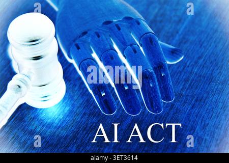 Conceptual image of a robotic hand with the text “AI ACT,” representing artificial intelligence regulation and governance. Symbolic visualization of E Stock Photo