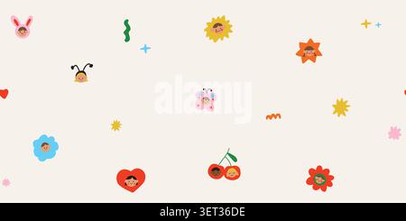 Seamless kawaii cutout pattern with butterfly, bunny, bee, cherry, flower, and heart faces mixed with Scandinavian stars and flowers on a warm beige background, airy minimalist repeat design for kids fabric, nursery wallpaper, baby textiles, wrapping paper, scrapbook paper, and modern children decor. Vector illustration Stock Vector