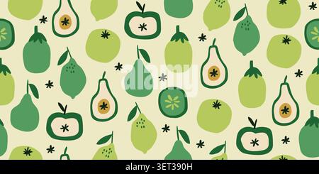 Seamless green fruit pattern with pears, kiwi, lemons, and apples on a soft beige background, stylish Scandinavian inspired hand drawn cutout repeat design for kitchen textiles, wallpaper, wrapping paper, scrapbook paper, healthy food branding, vegetarian themes, and modern summer decor. Vector illustration Stock Vector