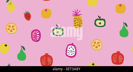 Seamless tropical fruit pattern with pineapple, apple, pear, pomegranate, lemon, orange, and exotic fruits on a soft pink background, airy Scandinavian inspired repeat design in colorful cutout style for kitchen textiles, kids fabric, wallpaper, wrapping paper, scrapbook paper, and cheerful summer decor. Vector illustration Stock Vector