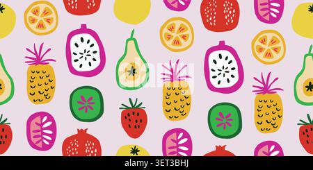 Seamless tropical fruit pattern with pineapple, orange, lemon, guava, strawberry, kiwi, and pomegranate arranged in stylish rows on a soft pink background, trendy Scandinavian inspired cutout repeat design for summer apparel, vacation fashion, travel accessories, wallpaper, wrapping paper, and cheerful tropical decor. Vector illustration Stock Vector