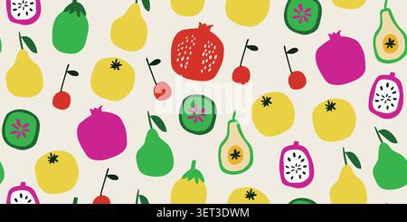 Seamless colorful fruit pattern with pear, cherry, pomegranate, dragon fruit, and exotic fruits on a light beige background, stylish Scandinavian inspired repeat design for kitchen textiles, wallpaper, wrapping paper, scrapbook paper, healthy food branding, vegetarian themes, and cheerful summer decor. Vector illustration Stock Vector
