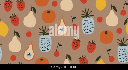 Seamless tropical fruit pattern with strawberries, plums, pineapples, cherries, oranges, pears, and lemons on a warm earthy brown background, stylish Scandinavian inspired repeat design in muted natural tones for kitchen textiles, wallpaper, wrapping paper, scrapbook paper, and modern summer decor. Vector illustration Stock Vector