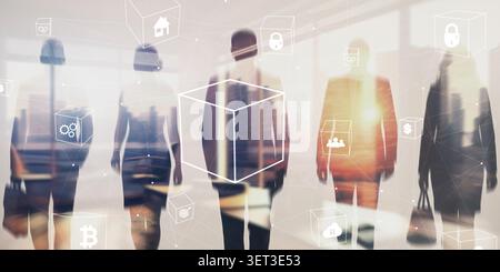 Blockchain distributed ledger technology system for business data security and network transparency with people silhouettes and network connections Stock Photo