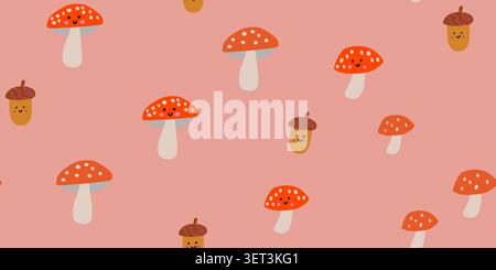 Seamless cute autumn pattern with mushrooms and acorns in warm seasonal colors on a dusty pink background, airy Scandinavian inspired repeat design for baby fabric, nursery wallpaper, kids textiles, wrapping paper, scrapbook paper, and cheerful fall decor. Vector illustration Stock Vector