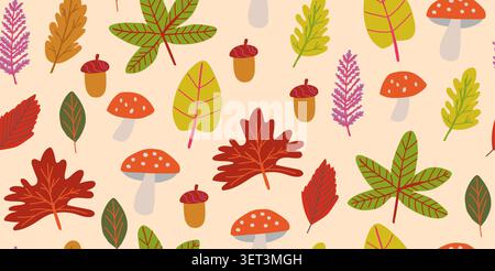 Seamless autumn foliage pattern with fall leaves, fern branches, mushrooms, and acorns in warm seasonal colors on a soft beige background, trendy Scandinavian cutout style repeat design for fabric, wallpaper, wrapping paper, packaging, scrapbook paper, and modern autumn projects. Vector illustration Stock Vector