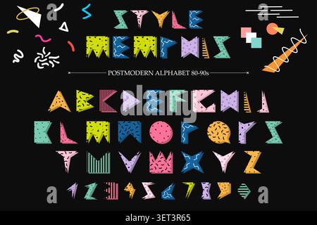 Memphis vector color font with funky letters and numbers. Retro alphabet in 80s - 90s pop art style. Geometric typographic typeface for poster, logo Stock Vector