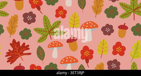 Seamless autumn pattern with fall leaves, mushrooms, acorns, and flowers in warm seasonal colors on a dusty pink background, trendy Scandinavian cutout style repeat design for fabric, wallpaper, wrapping paper, scrapbook paper, seasonal decor, and modern botanical textiles. Vector illustration Stock Vector