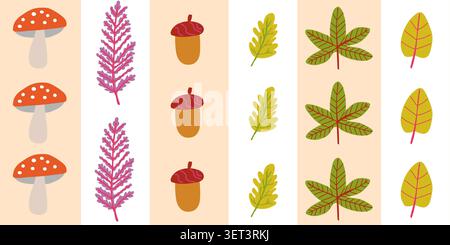 Seamless striped autumn pattern with fall leaves, fern foliage, acorns, and mushrooms arranged in vertical beige and cream stripes, stylish Scandinavian rustic repeat design for fabric, wallpaper, wrapping paper, scrapbook paper, seasonal decor, and cozy autumn textiles. Vector illustration Stock Vector