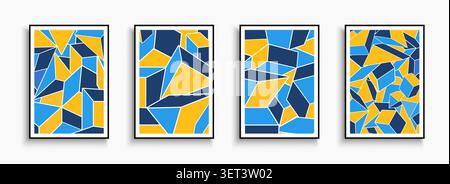 Geometric abstract posters collection with colorful mosaic geometric shapes. Creative modern art covers set for contemporary interior wall decoration Stock Vector