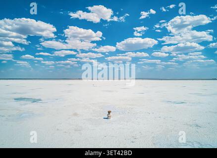 Baskunchak Lake reveals its vast salt flats glistening under the sun, surrounded by a blue sky dotted with white clouds. Stock Photo