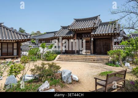Traditional Korean hanok buildings at Sunshine Studio, a drama theme park in Nonsan, South Korea. Stock Photo