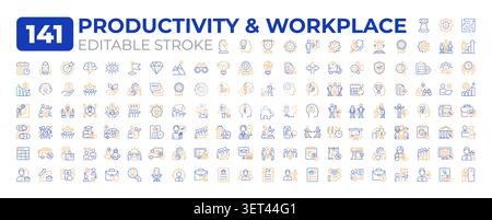 Productivity in workplace two color line icons set collection Stock Vector