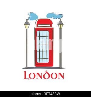 A charming flat vector illustration featuring the iconic red London telephone booth surrounded by classic street lamps and stylized clouds. This Briti Stock Vector