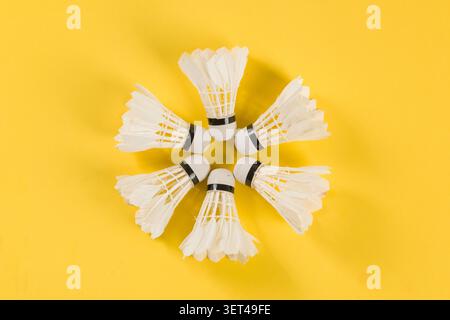 White badminton shuttlecocks with feathers arranged on a bright yellow background Stock Photo