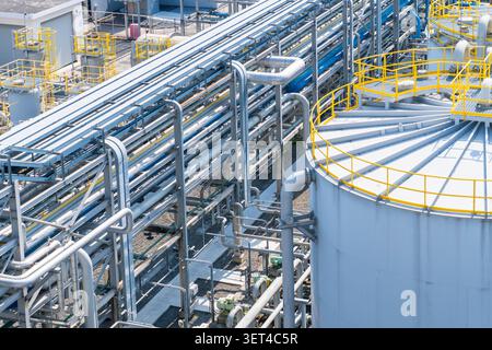Aerial view of industrial pipe racks, cooling equipment, and ...