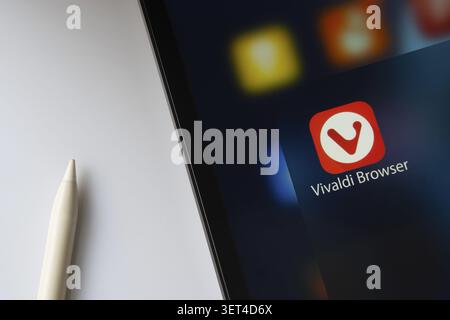 Dhaka, bangladesh- 09 Jun 2026: Vivaldi Browser App Icon on Tablet Screen with Stylus Stock Photo