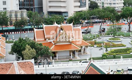 High Overlook Panorama Large Traditional Thai Temple Compound With Red Glazed Tile Roofs Bangkok Stock Photo