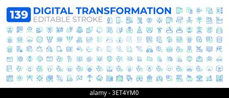 Digital transformation two color line icons set collection Stock Vector