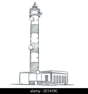 Vector sketch lighthouse isolated on white background. Hand drawn marine tower line art graphic illustration. Sea design element for coastal travel, n Stock Vector