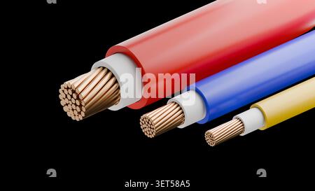Three stranded copper electric cables with red, blue, and yellow insulation. Technical 3D illustration of wire cross-sections isolated on black backgr Stock Photo