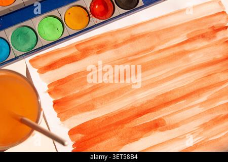 Watercolor paints and brushes. Drawing with watercolor paints. back to school frame with copy space Stock Photo
