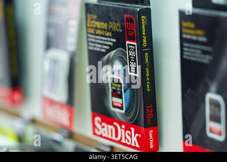 Tashkent, Uzbekistan, May 28, 2026: Close-up of memory card packaging displayed on an electronics store shelf with shallow depth of field. Concept of Stock Photo