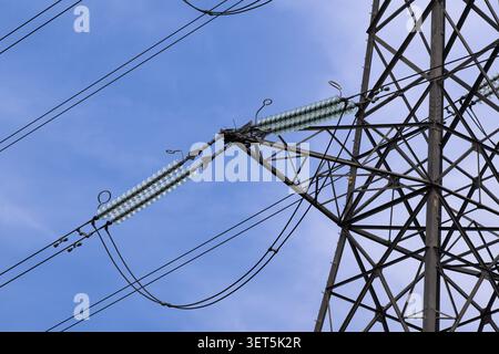 Detailed view of a high‑voltage electricity pylon near the River Lee, showing glass insulators and power lines against a clear blue sky. Stock Photo