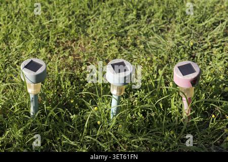 Three solar lights are standing in green grass, each featuring a small square solar panel on top, collecting sunlight to provide eco friendly illumina Stock Photo