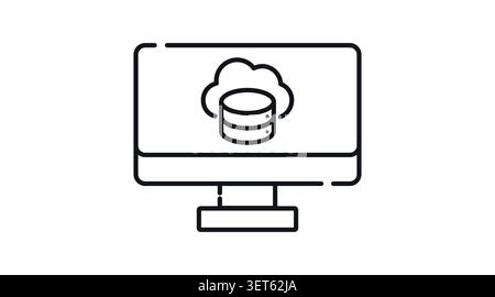 Laptop cloud database and storage icon: portable notebook computer displaying database cylinder and cloud symbol on screen, minimalist black line art Stock Vector