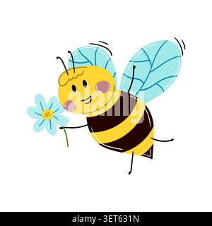 Cute bee character with flower in a cheerful flat cartoon style. Vibrant yellow and black insect illustration, perfect for kids' decor, educational pr Stock Vector