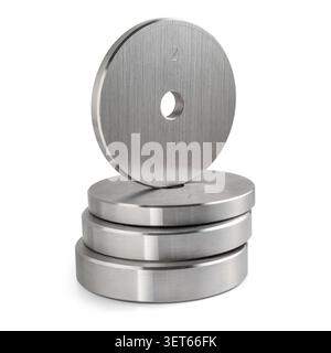 Stack of steel round weight plates for dumbbells isolated on white background. Stock Photo