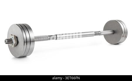 Collapsible universal fitness bar with steel weight plates isolated on white Stock Photo