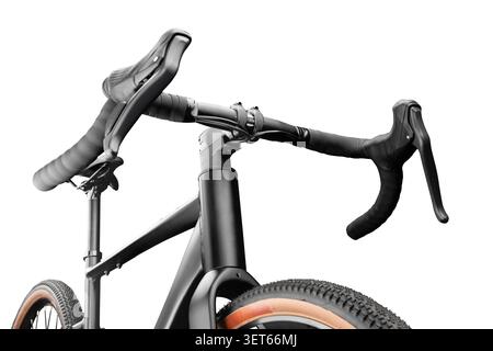 Close-up view of matte black gravel bicycle with drop handlebar, bar tape and brake levers, isolated on white studio background. Stock Photo