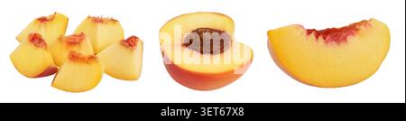 Ripe peach fruit slices isolated on white background with full depth of field Stock Photo